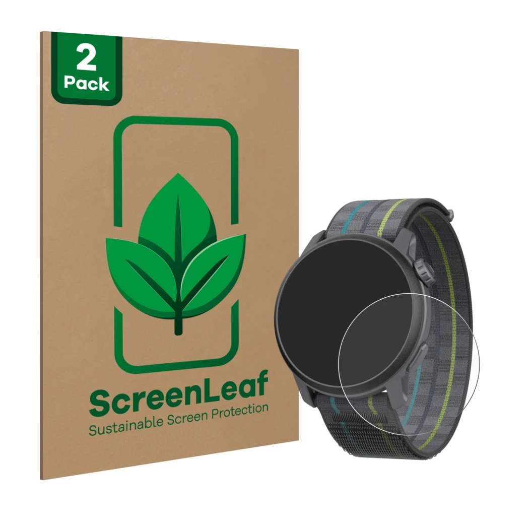 Front side of a product packaging with the brand logo ScreenLeaf. Next to it is the device Coros Pace 3 shown with the corresp