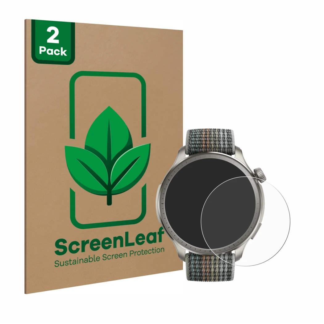 Front side of a product packaging with the brand logo ScreenLeaf. Next to it is the device Huami Amazfit Balance shown with th