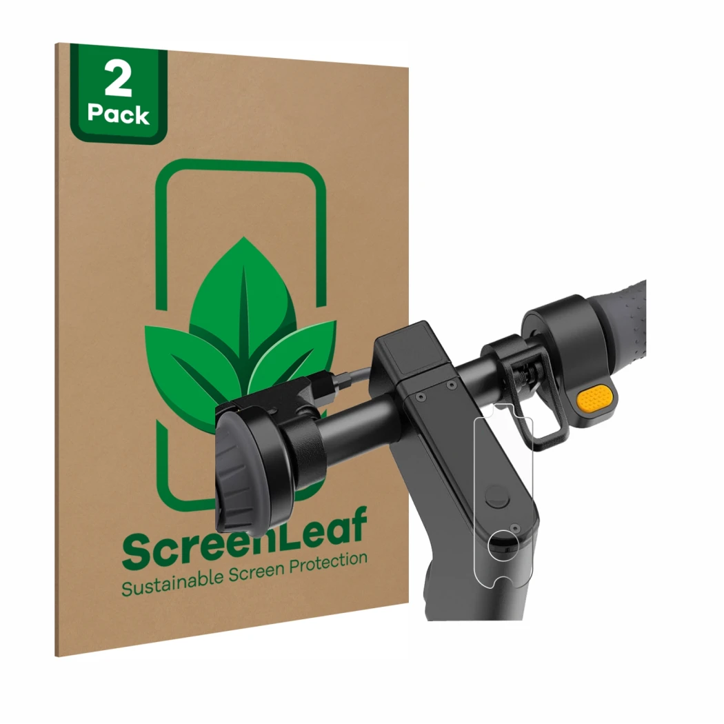 Front side of a product packaging with the brand logo ScreenLeaf. Next to it is the device Segway Ninebot KickScooter MAX G2D 