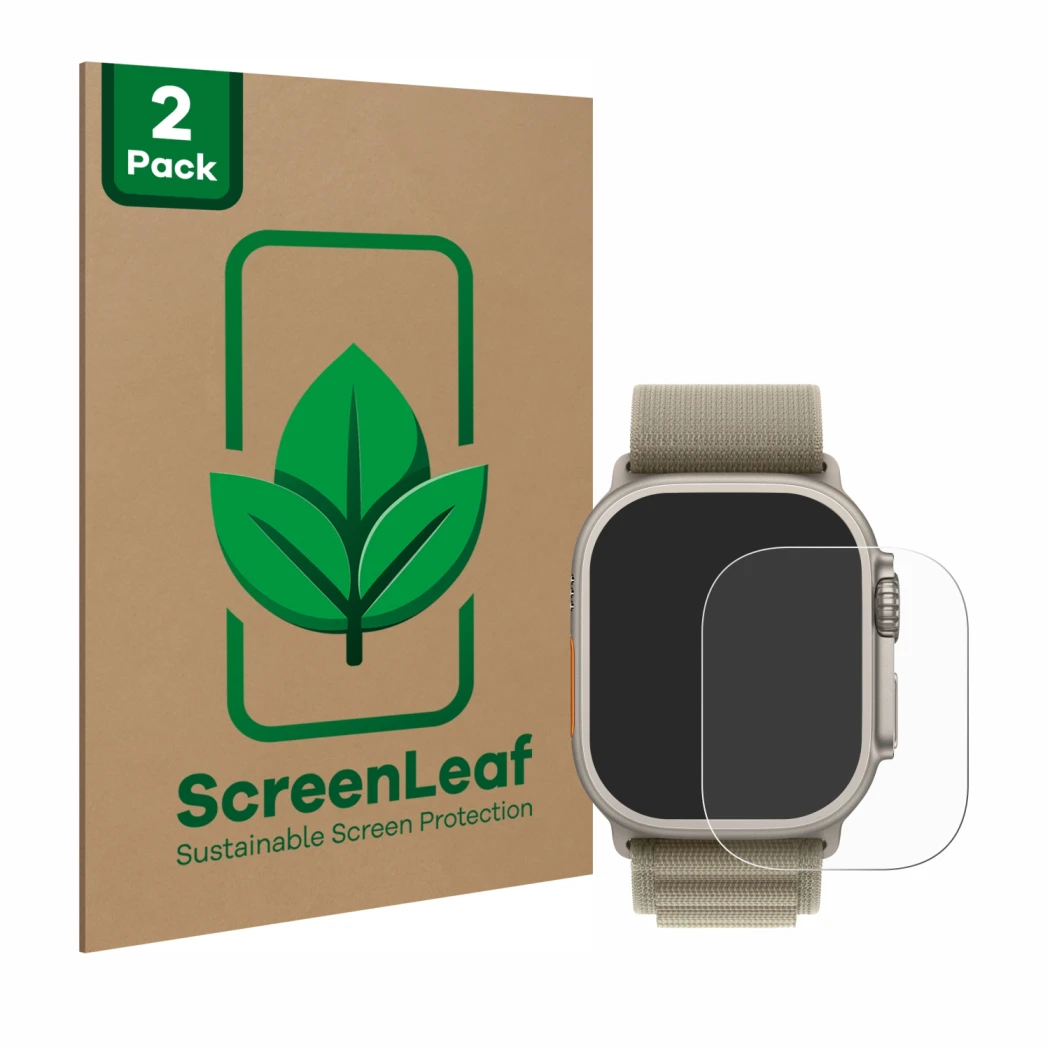 Front side of a product packaging with the brand logo ScreenLeaf. Next to it is the device Apple Watch Ultra 2 (49 mm) shown w