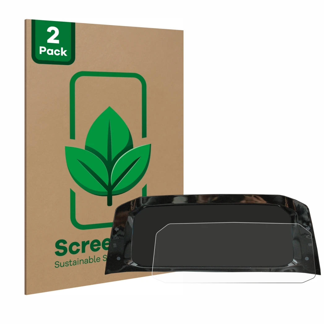 Front side of a product packaging with the brand logo ScreenLeaf. Next to it is the device Volkswagen Golf 8 Digital Cockpit 1