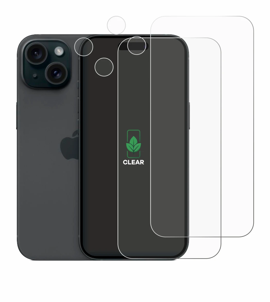 Image of the device Apple iPhone 15 (Front+Camera) with a wide variety of screen protectors.