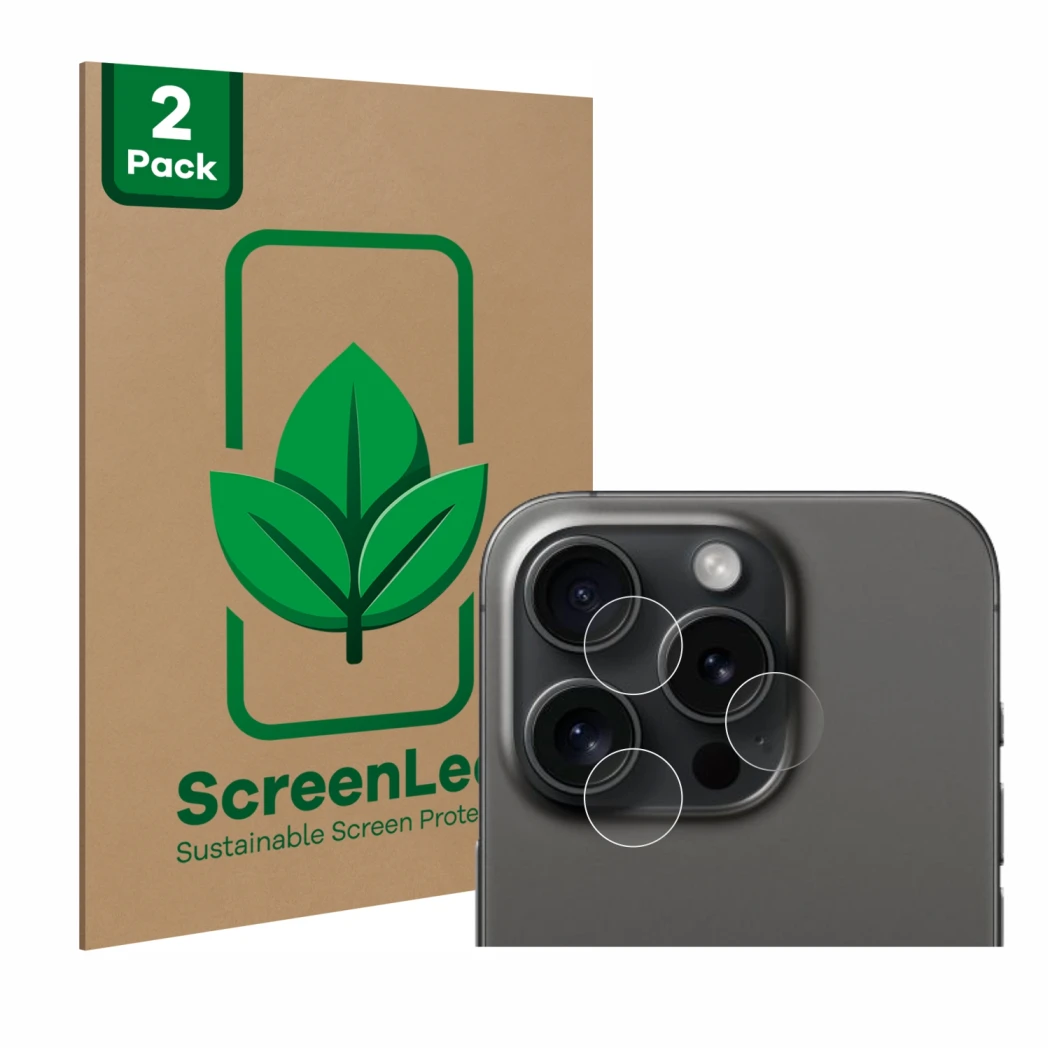 Front side of a product packaging with the brand logo ScreenLeaf. Next to it is the device Apple iPhone 15 Pro (ONLY Camera Le