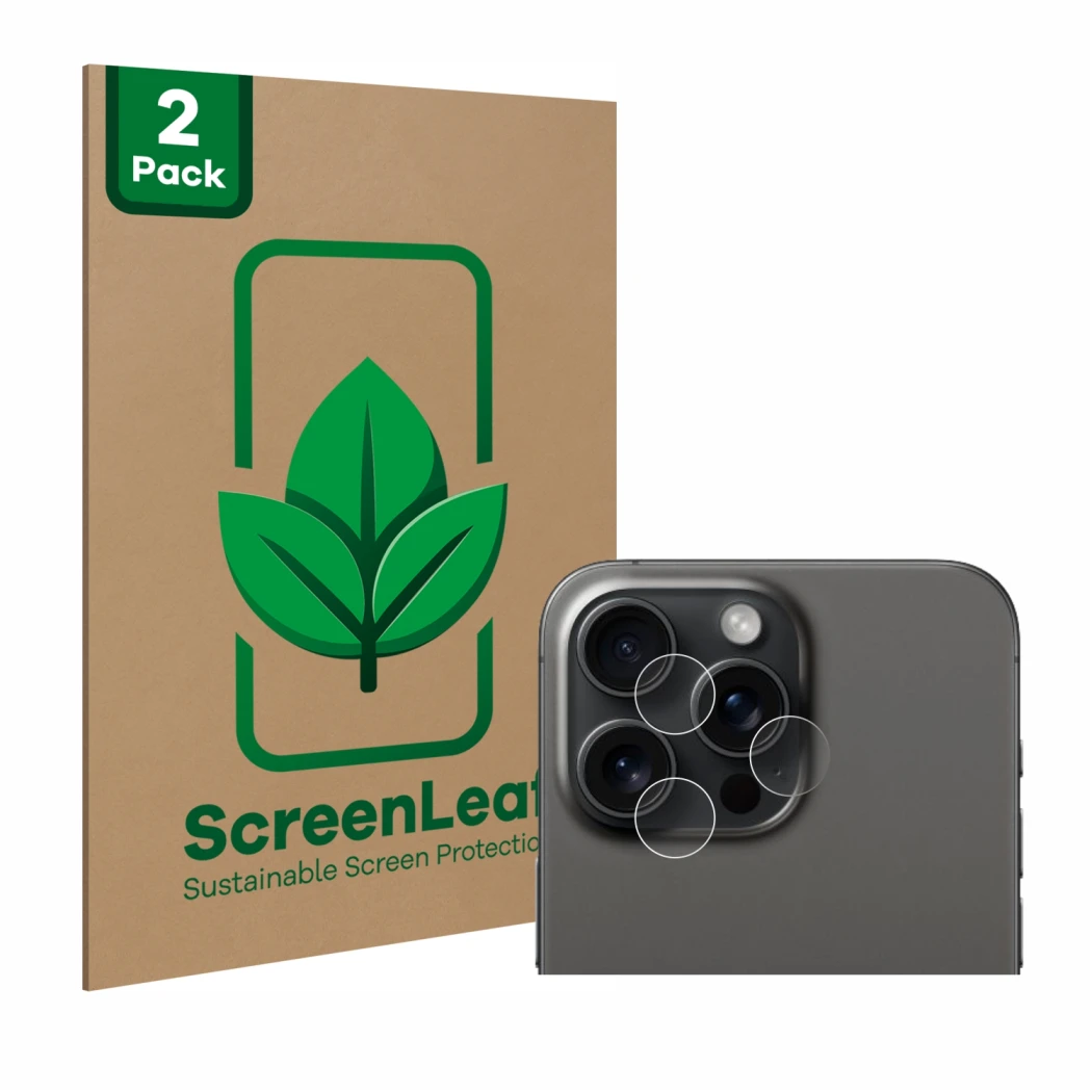 Front side of a product packaging with the brand logo ScreenLeaf. Next to it is the device Apple iPhone 15 Pro Max (ONLY Camer