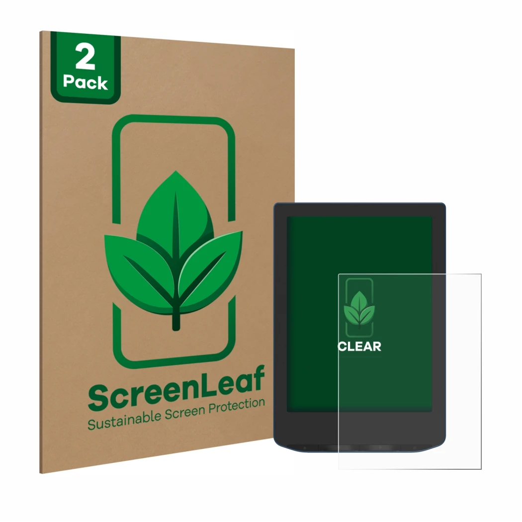 Front side of a product packaging with the brand logo ScreenLeaf. Next to it is the device PocketBook Verse Pro shown with the