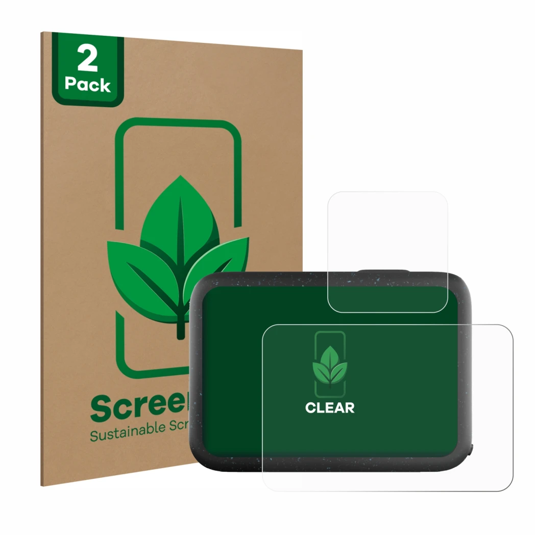 Front side of a product packaging with the brand logo ScreenLeaf. Next to it is the device GoPro Hero 12 Black shown with the 