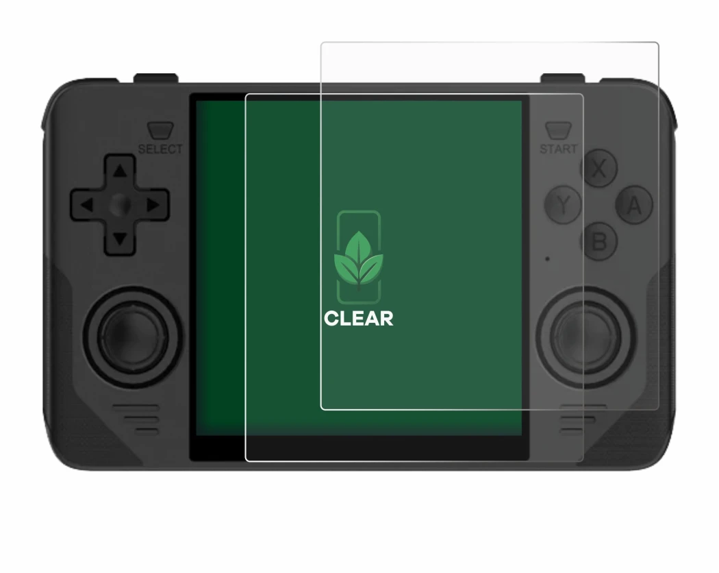 Image of the device Powkiddy RGB30 with a wide variety of screen protectors.