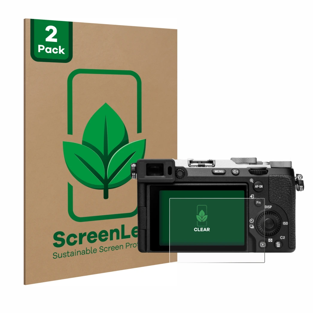 Front side of a product packaging with the brand logo ScreenLeaf. Next to it is the device Sony Alpha 7C II (ILCE-7CM2) shown 