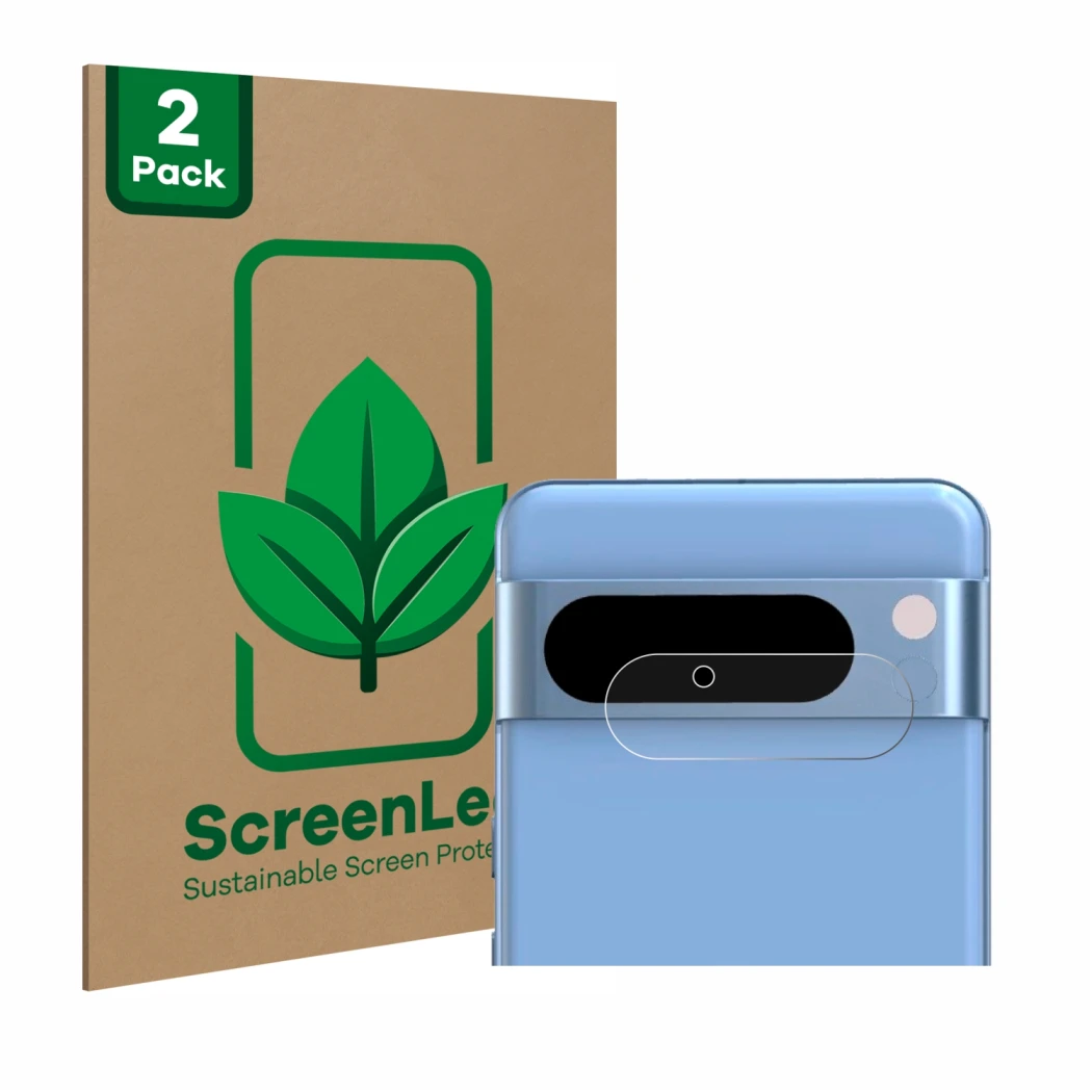 Front side of a product packaging with the brand logo ScreenLeaf. Next to it is the device Google Pixel 8 Pro (ONLY Camera Len