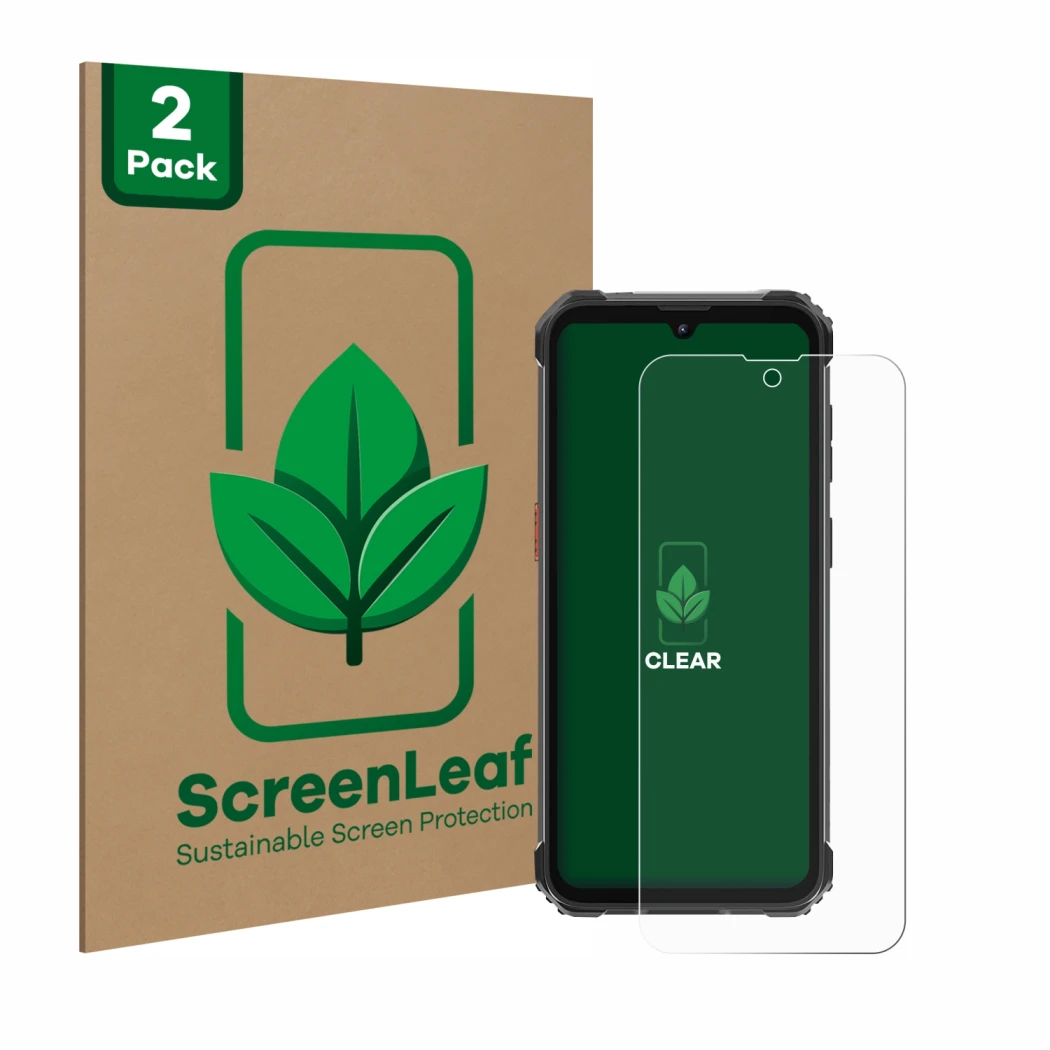 Front side of a product packaging with the brand logo ScreenLeaf. Next to it is the device Blackview BV5300 Pro (2023) shown w