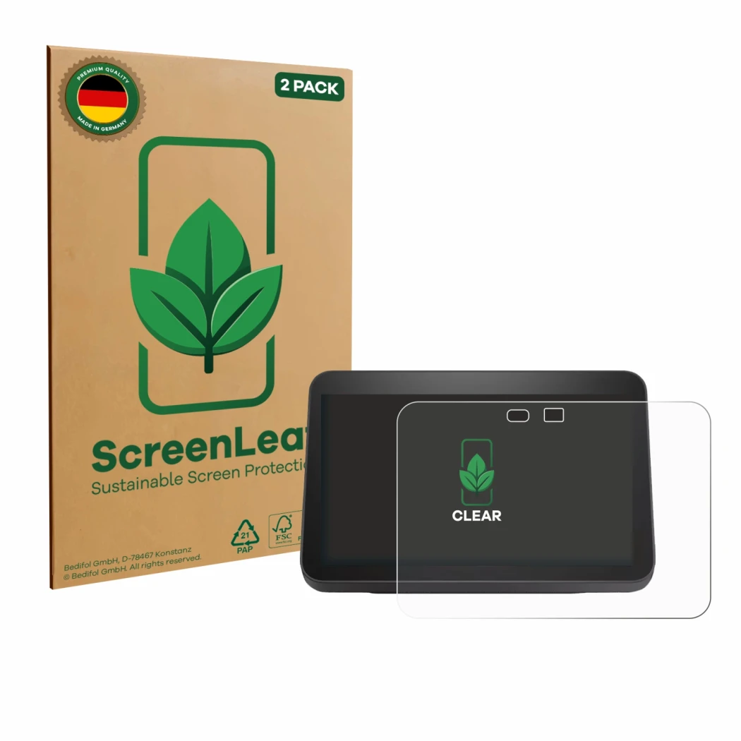 Front side of a product packaging with the brand logo ScreenLeaf. Next to it is the device Amazon Echo Show 8 2023 (3th Gen.) 