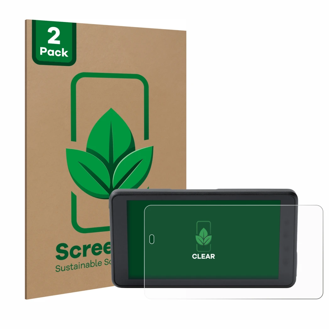 Front side of a product packaging with the brand logo ScreenLeaf. Next to it is the device BMW ConnectedRide Navigator shown w