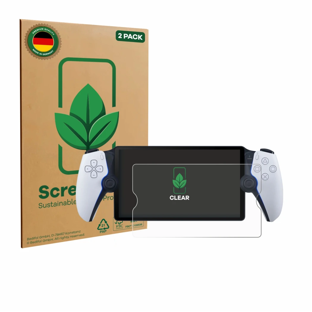 Front side of a product packaging with the brand logo ScreenLeaf. Next to it is the device Sony Playstation Portal shown with 