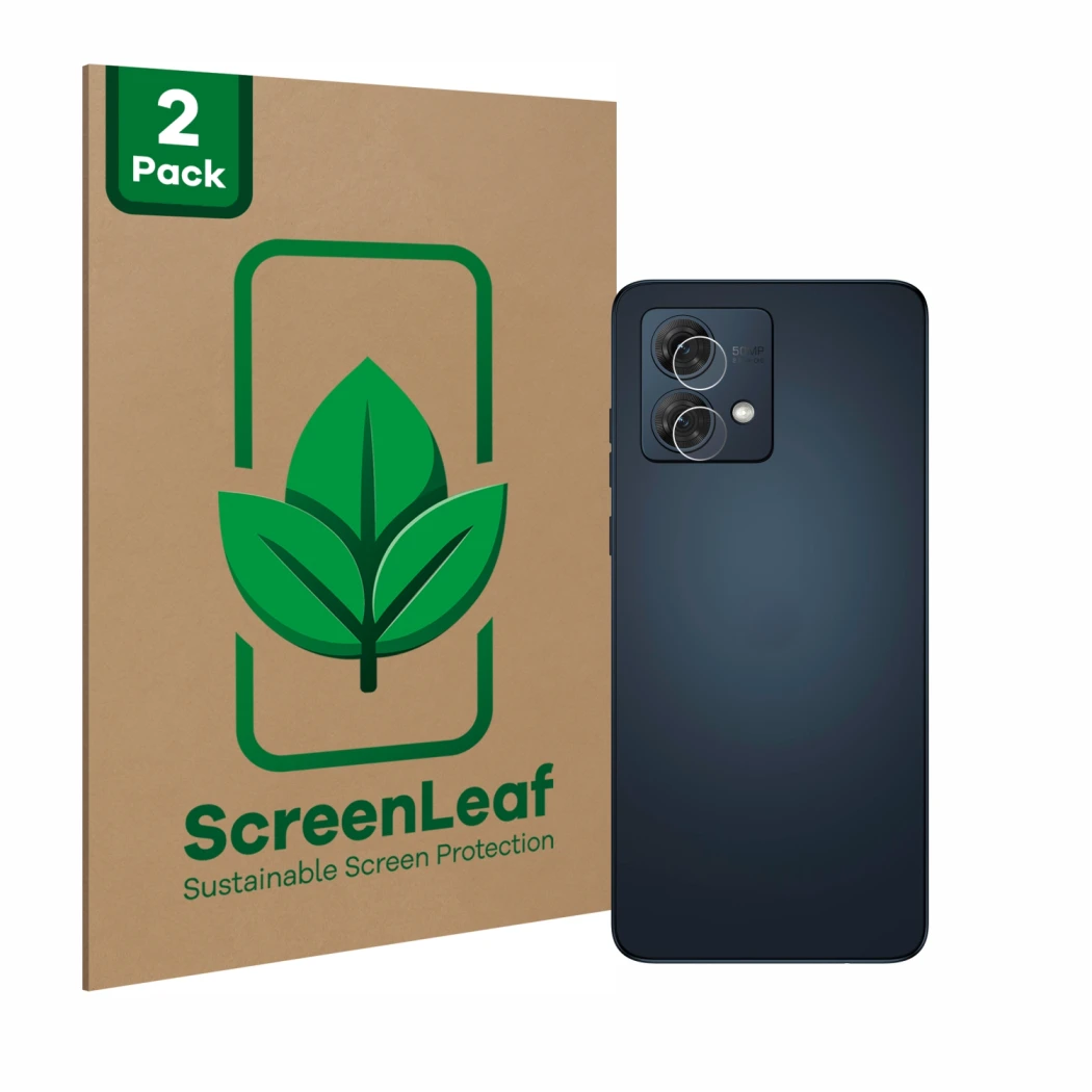 Front side of a product packaging with the brand logo ScreenLeaf. Next to it is the device Motorola Moto G84 (ONLY Camera Lens