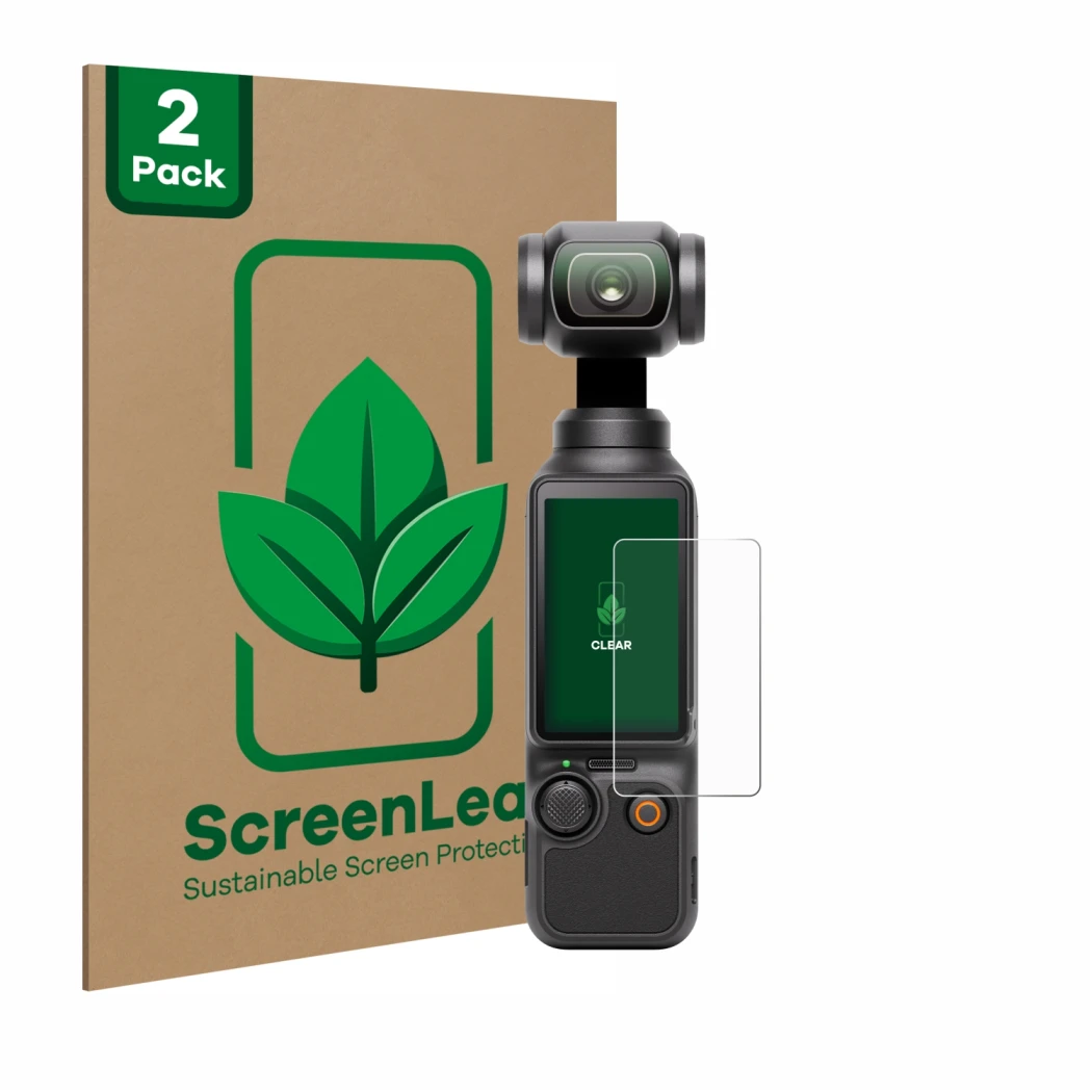 Front side of a product packaging with the brand logo ScreenLeaf. Next to it is the device DJI Osmo Pocket 3 shown with the co