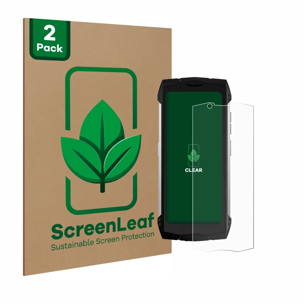 Front side of a product packaging with the brand logo ScreenLeaf. Next to it is the device Doogee S Mini shown with the corres