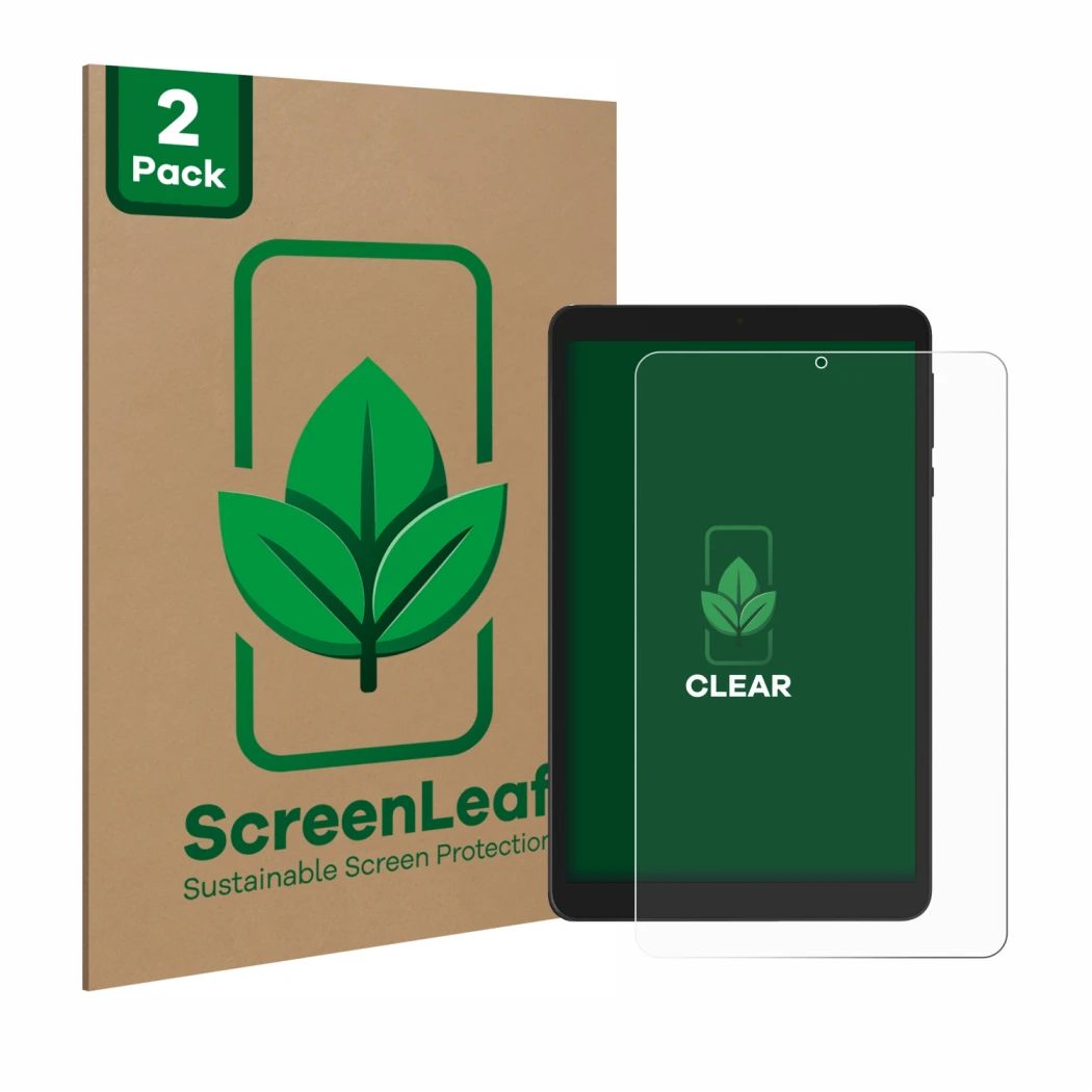 Front side of a product packaging with the brand logo ScreenLeaf. Next to it is the device Doogee T20 Mini shown with the corr