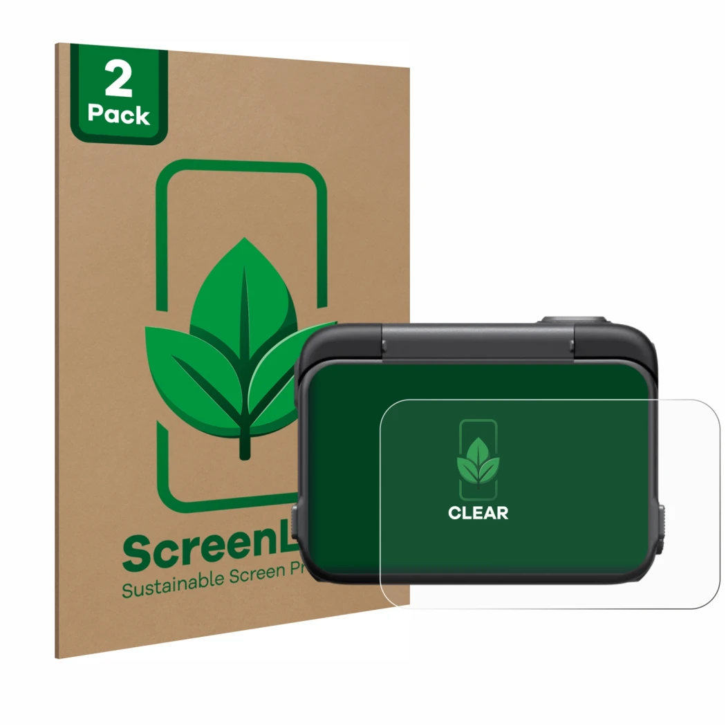 Front side of a product packaging with the brand logo ScreenLeaf. Next to it is the device Insta360 Ace Pro shown with the cor