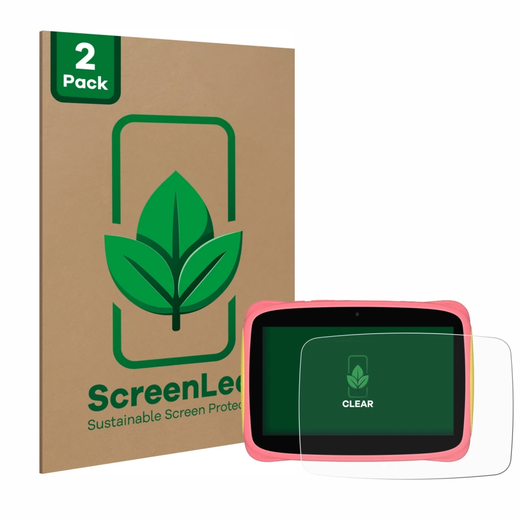 Front side of a product packaging with the brand logo ScreenLeaf. Next to it is the device Blackview Tab 3 Kids shown with the