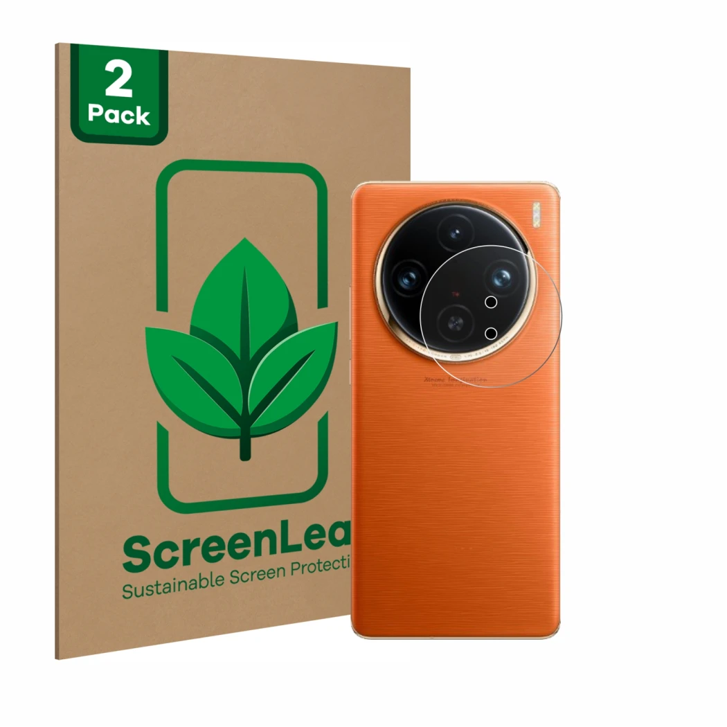 Front side of a product packaging with the brand logo ScreenLeaf. Next to it is the device Vivo X100 Pro (ONLY Camera Lens) sh