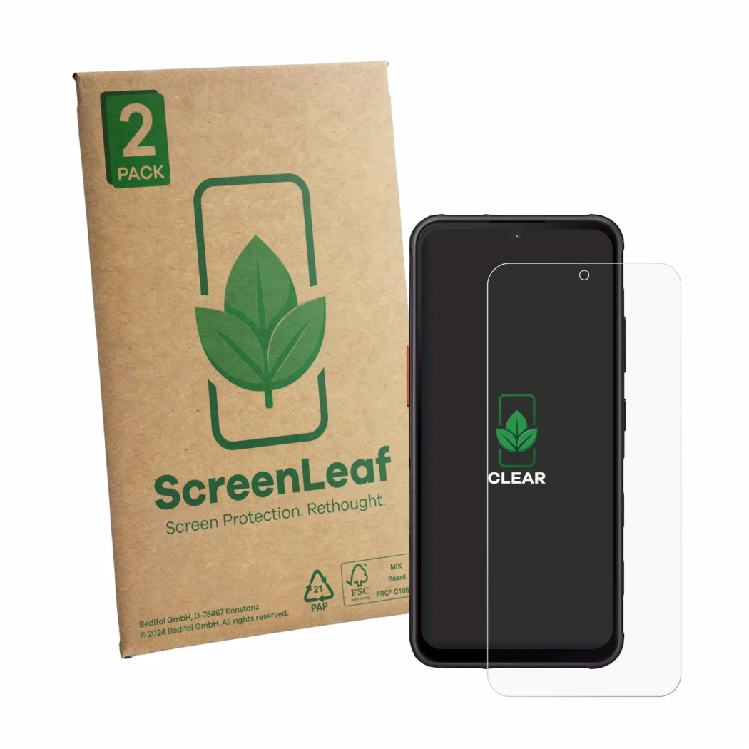 Front side of a product packaging with the brand logo ScreenLeaf. Next to it is the device Samsung Galaxy XCover 7 shown with 
