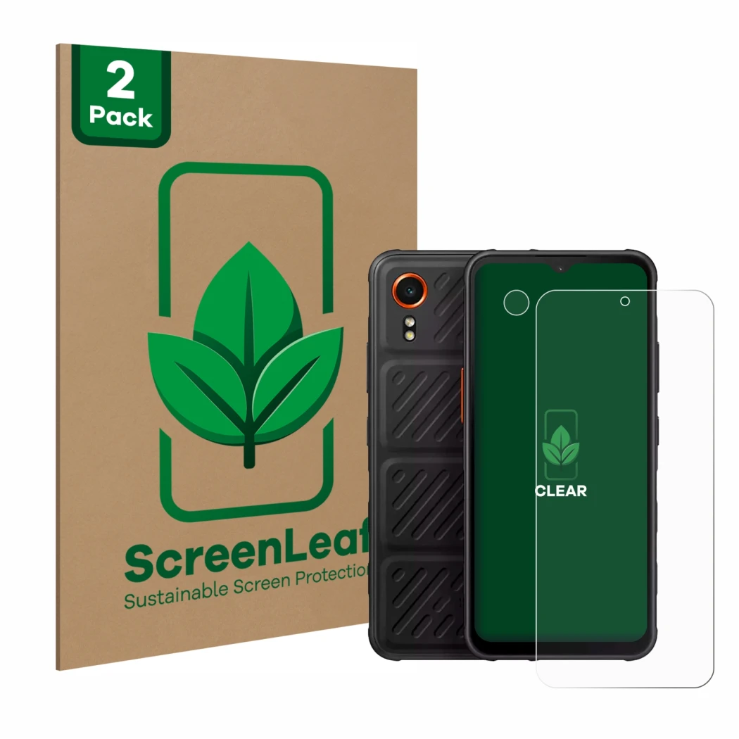 Front side of a product packaging with the brand logo ScreenLeaf. Next to it is the device Samsung Galaxy XCover 7 (Front+Came