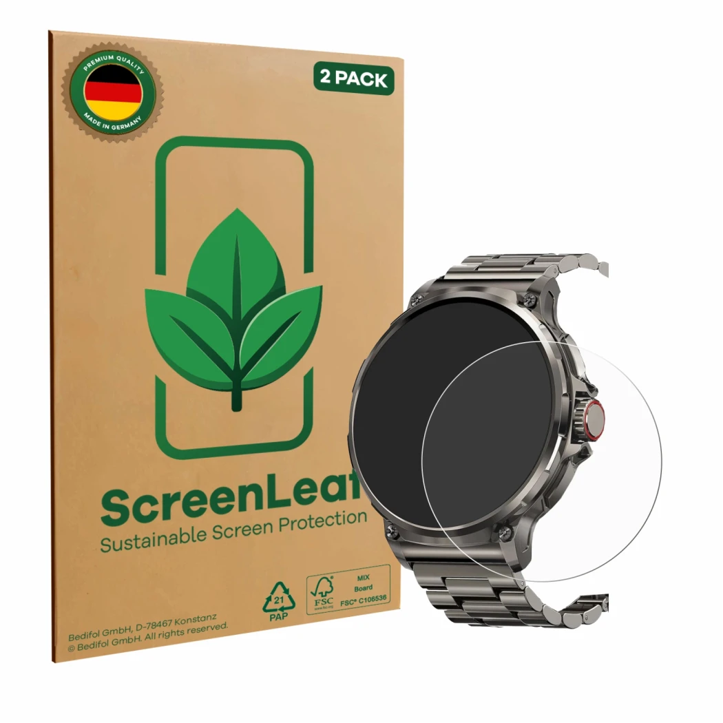 Front side of a product packaging with the brand logo ScreenLeaf. Next to it is the device Tesofit Smartwatch 1.85