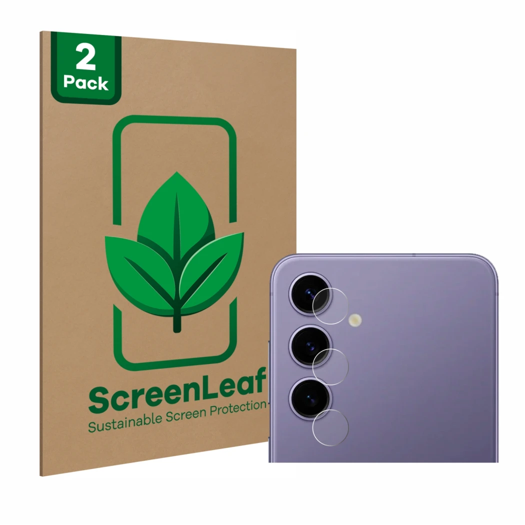 Front side of a product packaging with the brand logo ScreenLeaf. Next to it is the device Samsung Galaxy S24 (ONLY Camera Len