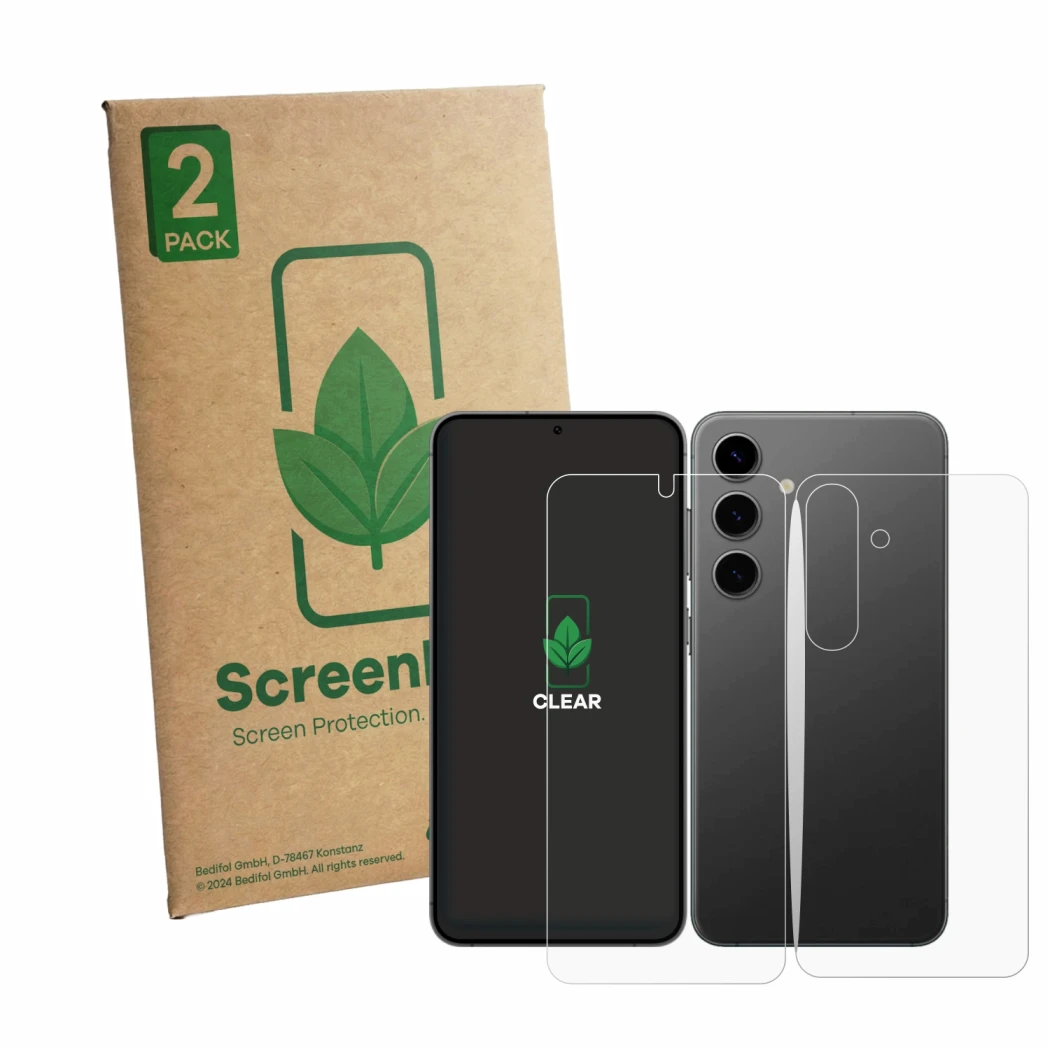 Front side of a product packaging with the brand logo ScreenLeaf. Next to it is the device Samsung Galaxy S24 (Front+Back) sho