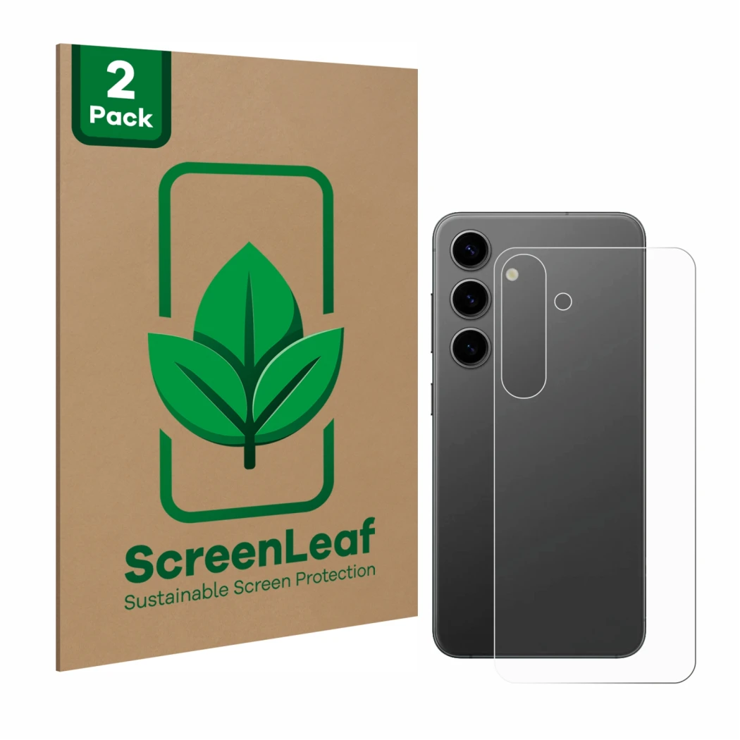 Front side of a product packaging with the brand logo ScreenLeaf. Next to it is the device Samsung Galaxy S24 Plus (Back) show