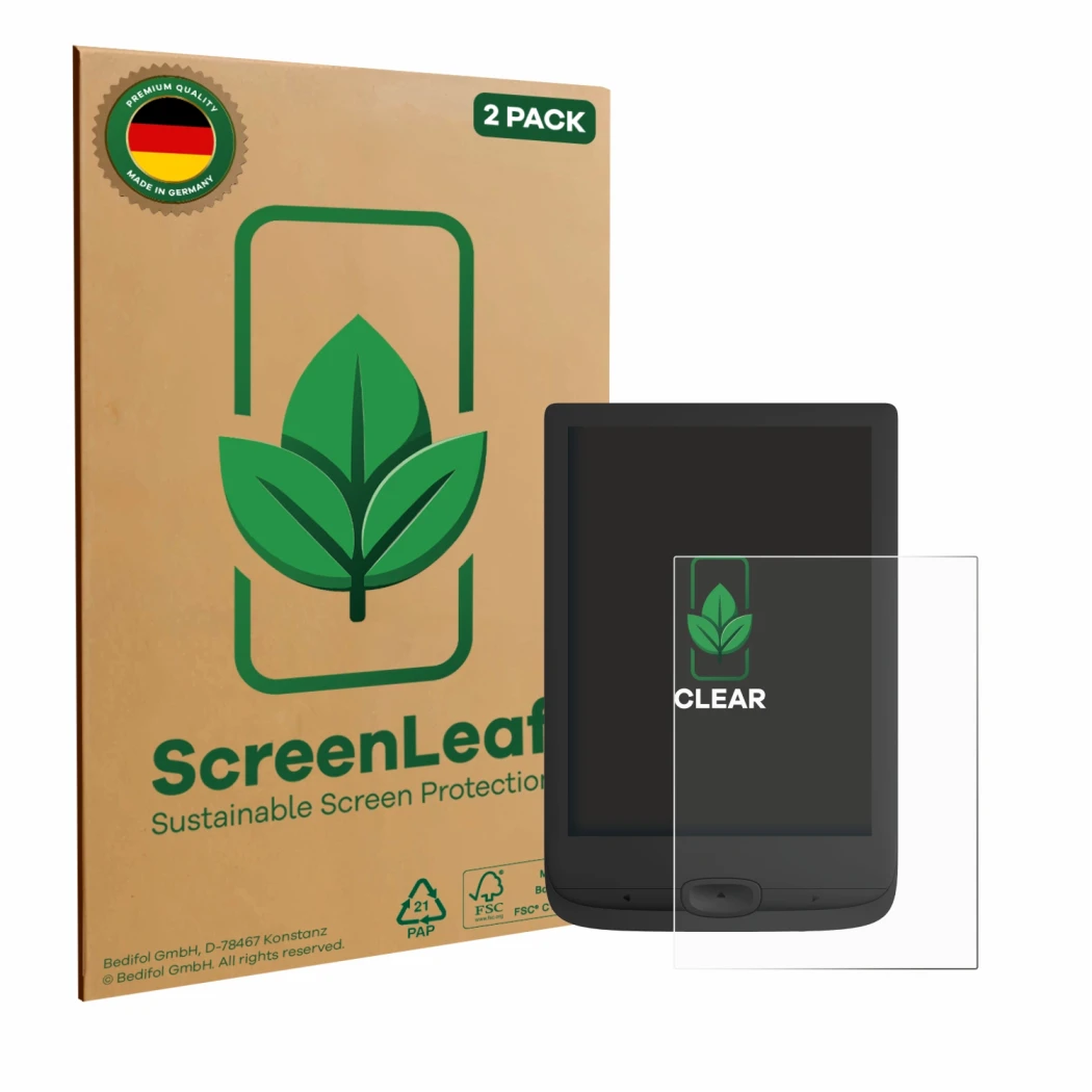Front side of a product packaging with the brand logo ScreenLeaf. Next to it is the device PocketBook Basic Lux 4 shown with t
