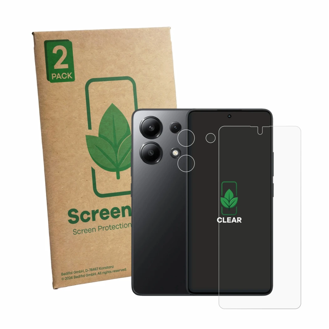 Front side of a product packaging with the brand logo ScreenLeaf. Next to it is the device Xiaomi Redmi Note 13 (Front+Camera)
