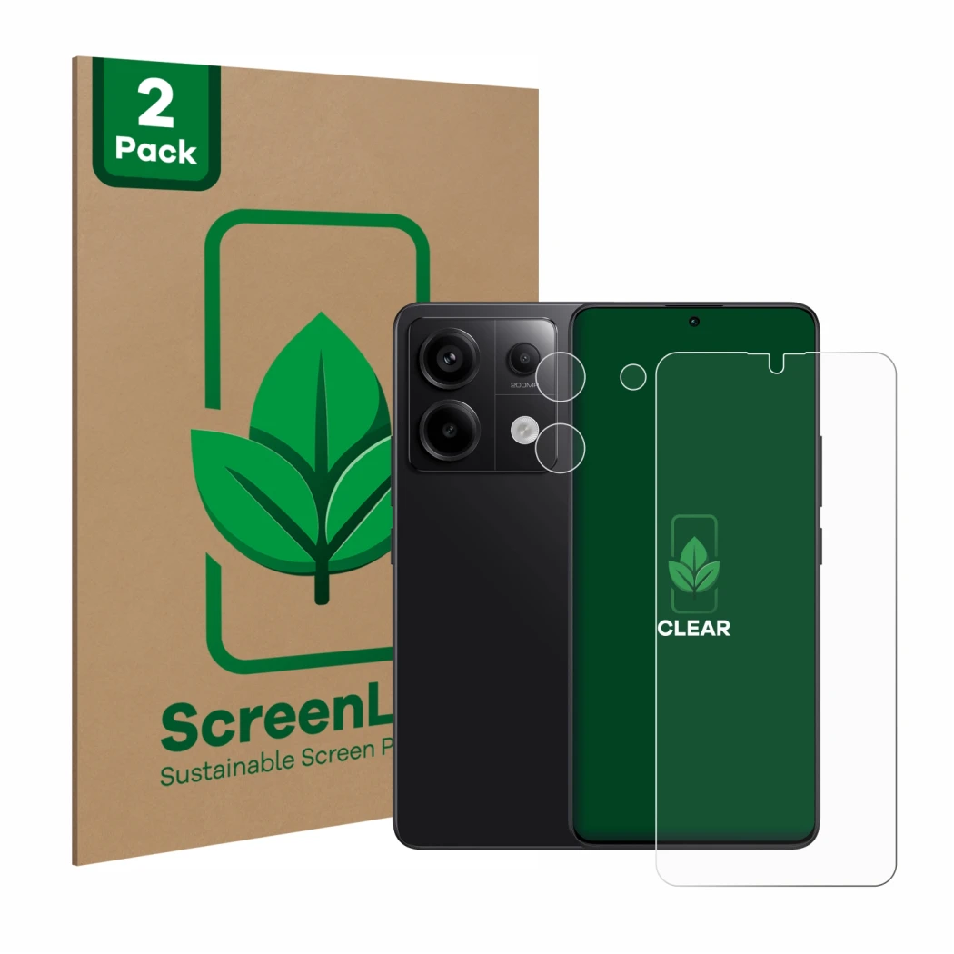 Front side of a product packaging with the brand logo ScreenLeaf. Next to it is the device Xiaomi Redmi Note 13 Pro 5G (Front+