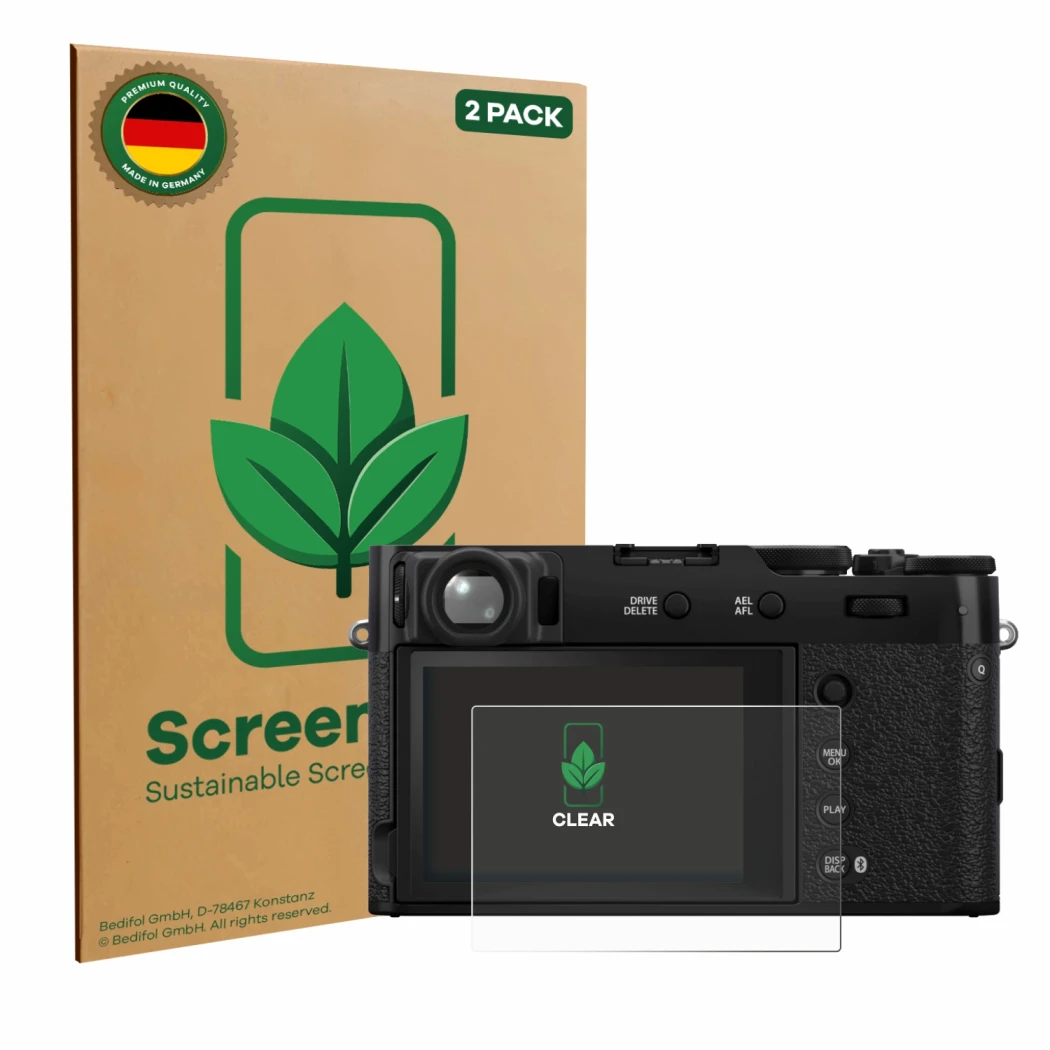 Front side of a product packaging with the brand logo ScreenLeaf. Next to it is the device Fujifilm X100VI shown with the corr