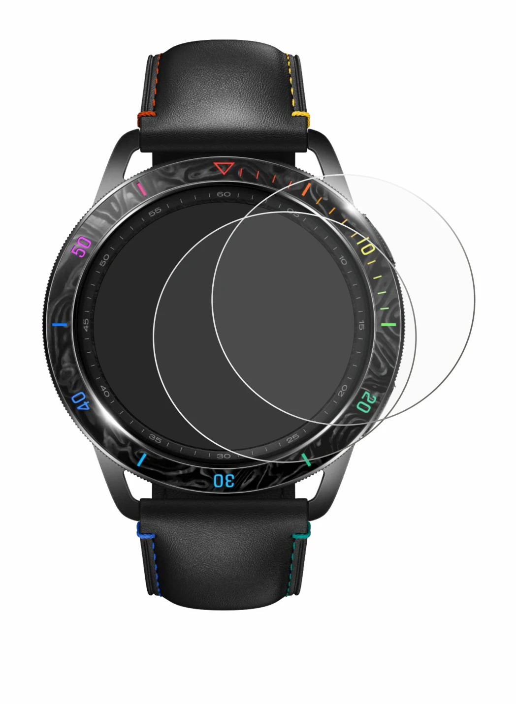 Image of the device Xiaomi Watch S3 with a wide variety of screen protectors.