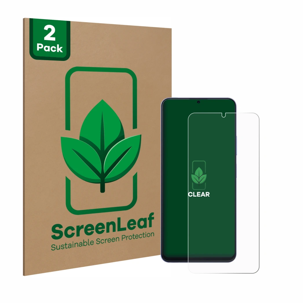 Front side of a product packaging with the brand logo ScreenLeaf. Next to it is the device Blackview Color 8 shown with the co