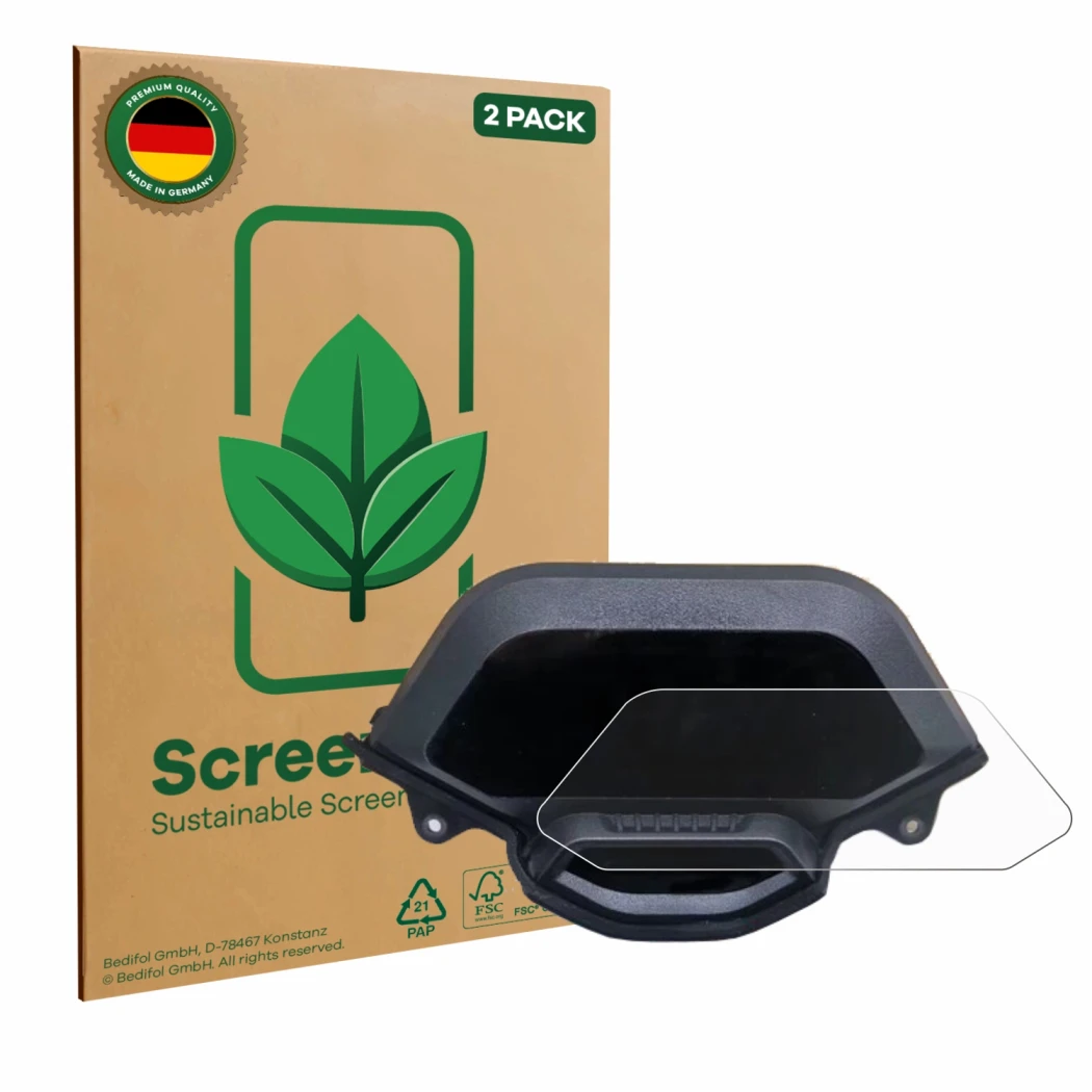 Front side of a product packaging with the brand logo ScreenLeaf. Next to it is the device Segway Ninebot GT1 shown with the c