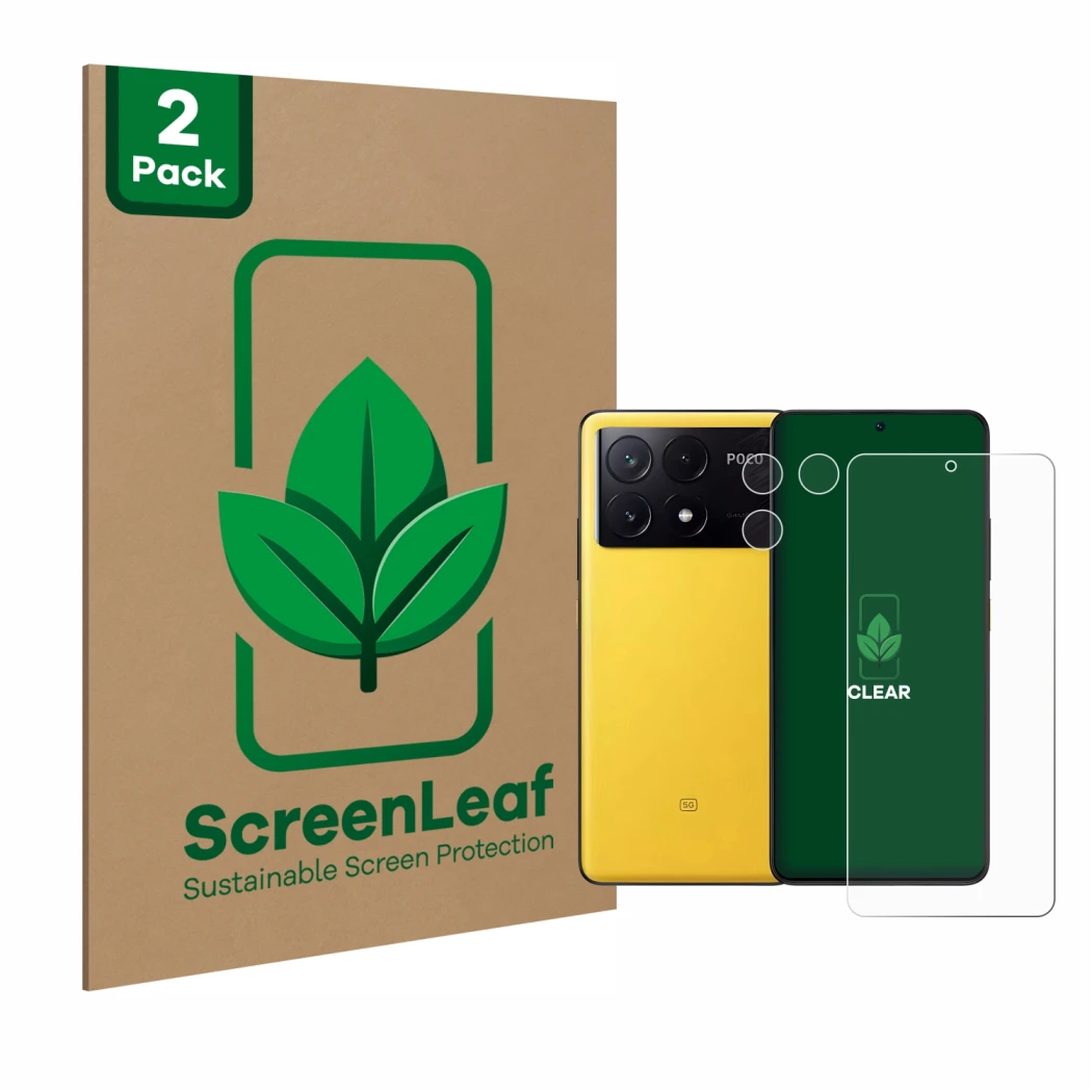 Front side of a product packaging with the brand logo ScreenLeaf. Next to it is the device Xiaomi Poco X6 Pro (Front+Camera) s