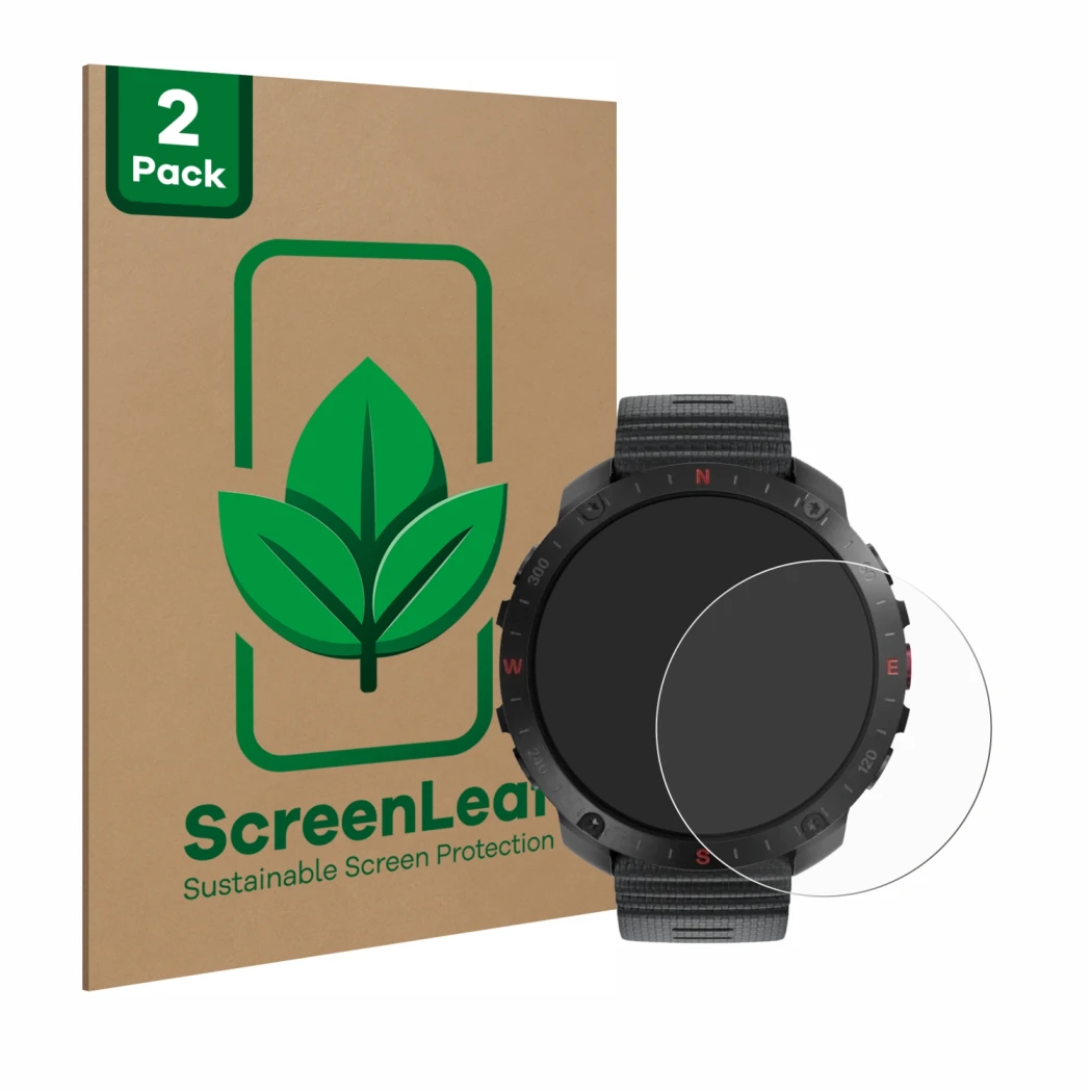 Front side of a product packaging with the brand logo ScreenLeaf. Next to it is the device Polar Grit X2 Pro shown with the co