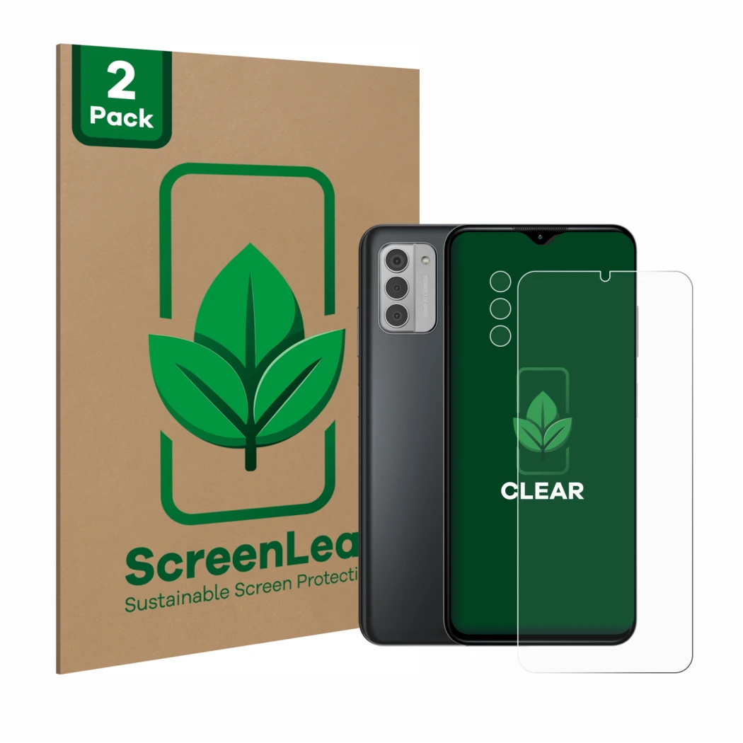Front side of a product packaging with the brand logo ScreenLeaf. Next to it is the device Nokia G42 5G (Front+Camera) shown w