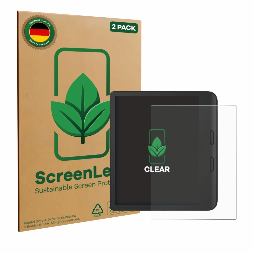 Front side of a product packaging with the brand logo ScreenLeaf. Next to it is the device Tolino Vision Color 2024 shown with
