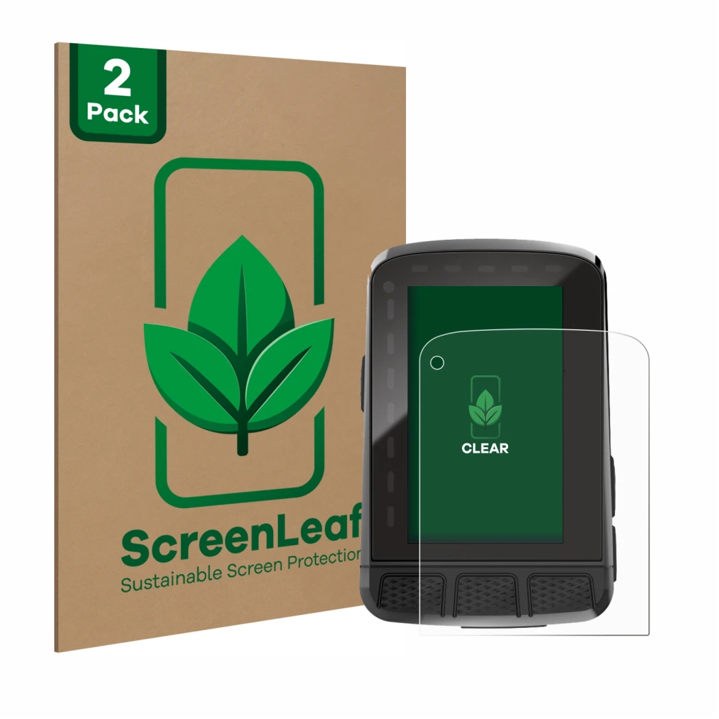 Front side of a product packaging with the brand logo ScreenLeaf. Next to it is the device Wahoo Elemnt Roam V2 GPS shown with