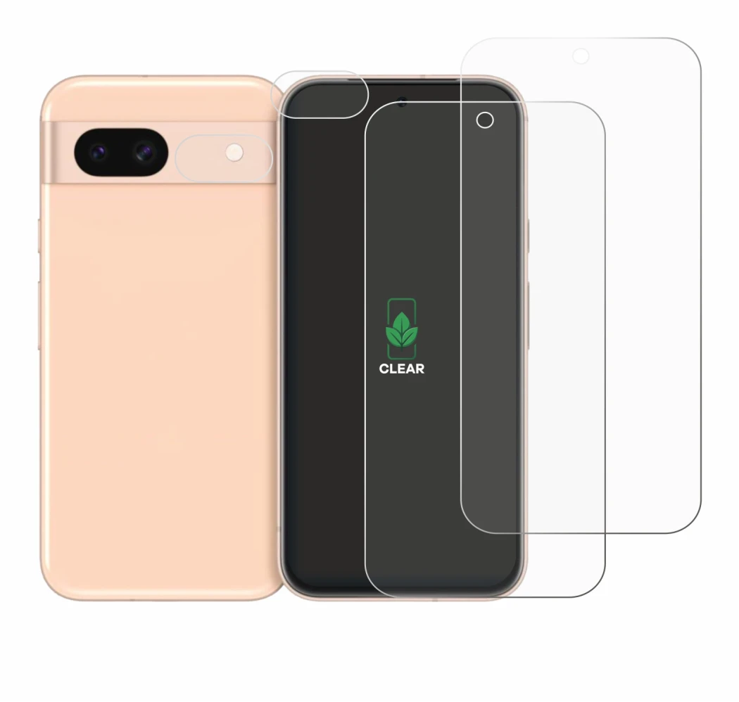 Image of the device Google Pixel 8a (Front+Camera) with a wide variety of screen protectors.