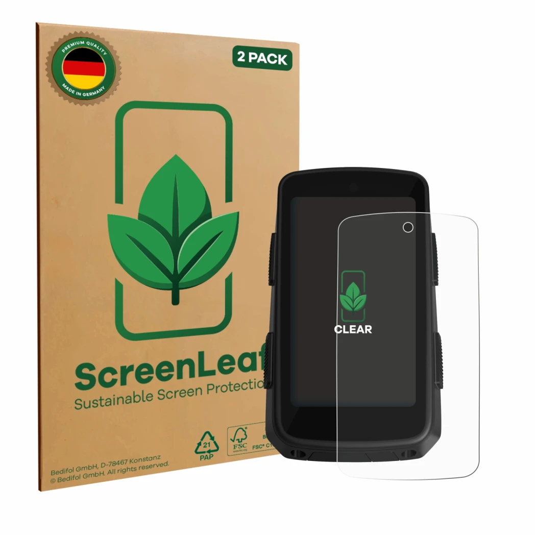 Front side of a product packaging with the brand logo ScreenLeaf. Next to it is the device Hammerhead Karoo 3 shown with the c