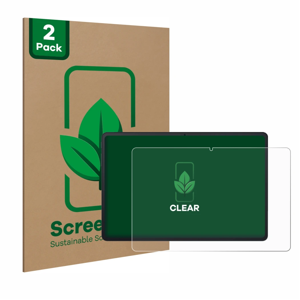 Front side of a product packaging with the brand logo ScreenLeaf. Next to it is the device Blackview Tab 90 WiFi shown with th