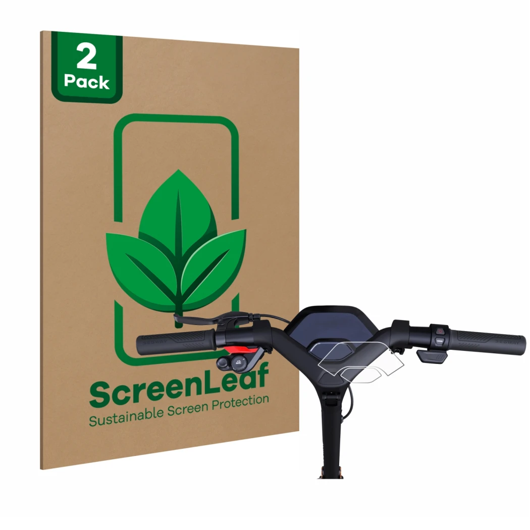 Front side of a product packaging with the brand logo ScreenLeaf. Next to it is the device Segway Ninebot P65D shown with the 