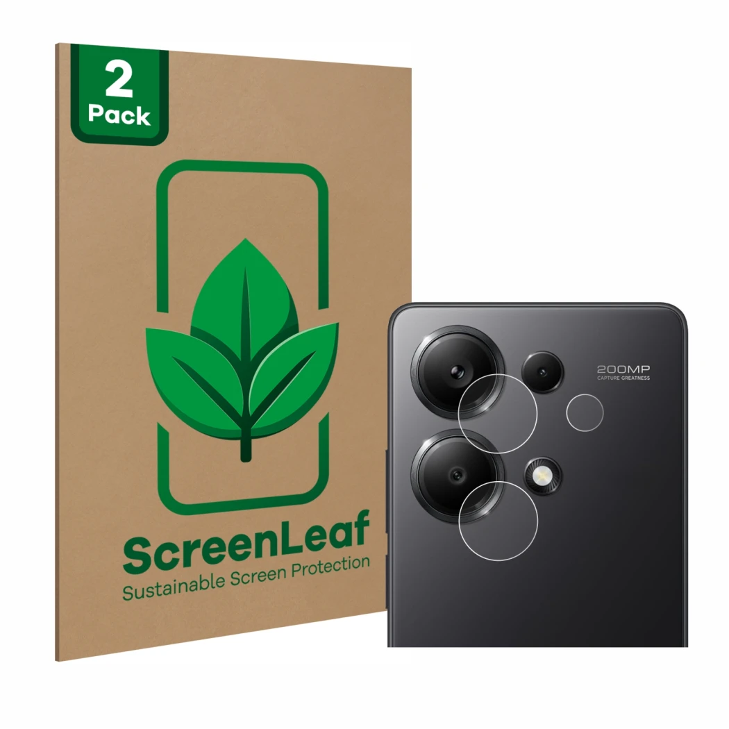 Front side of a product packaging with the brand logo ScreenLeaf. Next to it is the device Xiaomi Redmi Note 13 Pro 4G (ONLY C