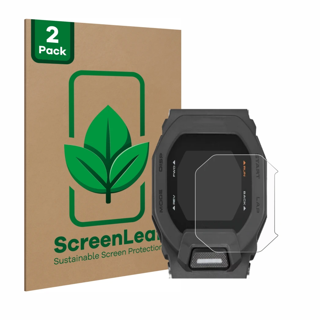 Front side of a product packaging with the brand logo ScreenLeaf. Next to it is the device Casio G-Shock GBD-200 shown with th