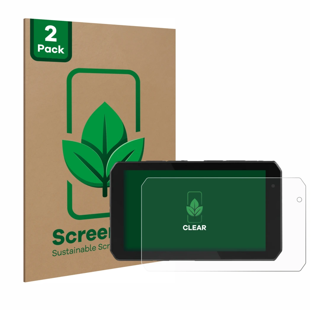 Front side of a product packaging with the brand logo ScreenLeaf. Next to it is the device Chigee AIO-5 Play shown with the co