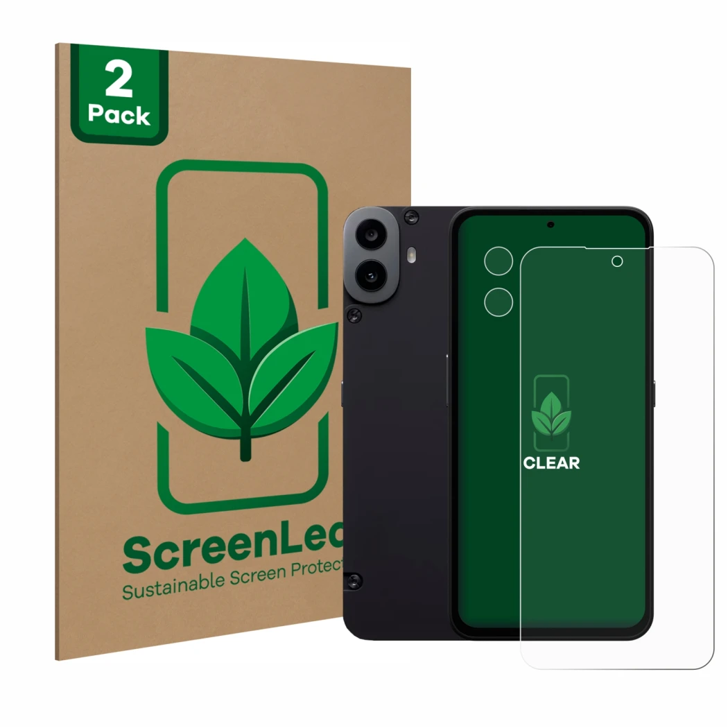 Front side of a product packaging with the brand logo ScreenLeaf. Next to it is the device Nothing CMF Phone 1 (Front+Camera) 